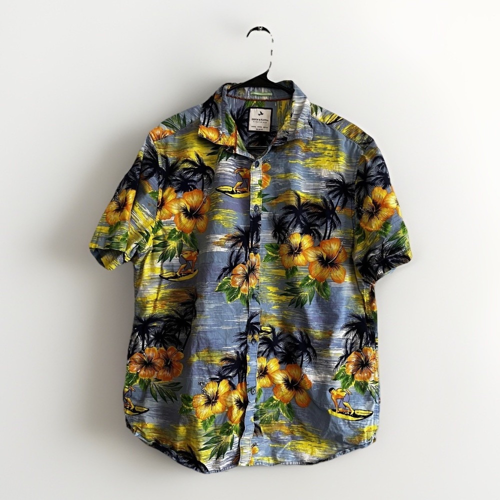 Denim & Flower Shirt Mens XL Blue Hawaiian Short Sleeve Tropical Button Up